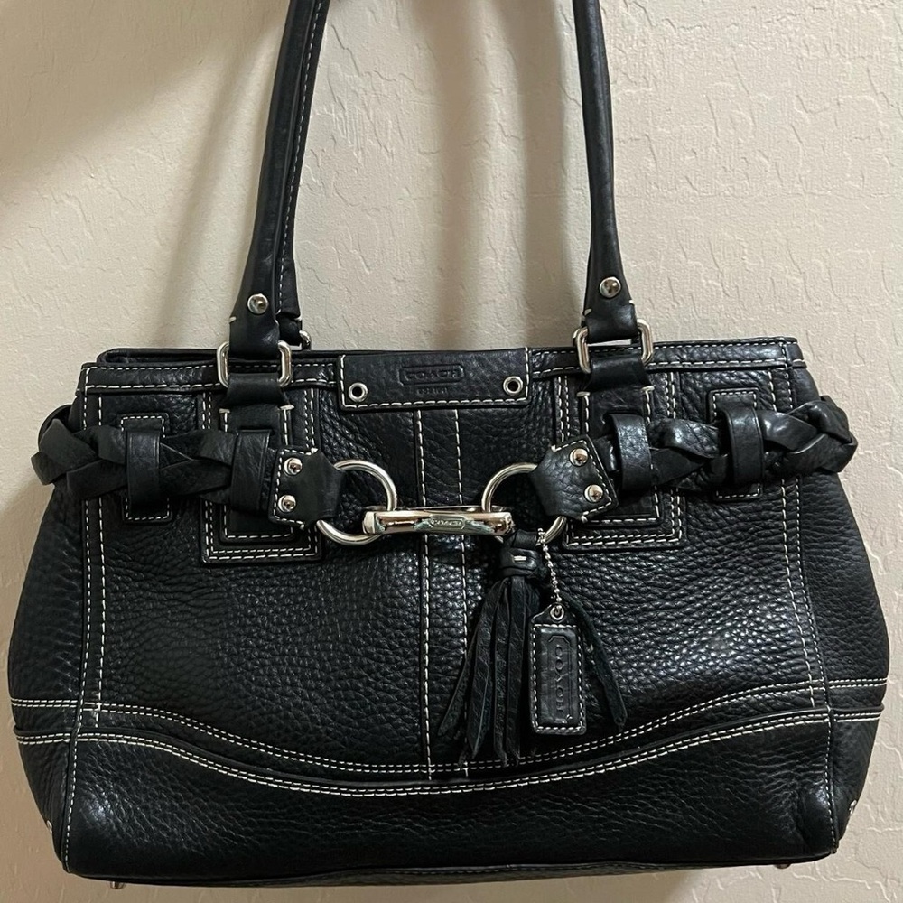 Coach Black Pebbled Leather Hampton’s Shoulder Bag with Silver Accents